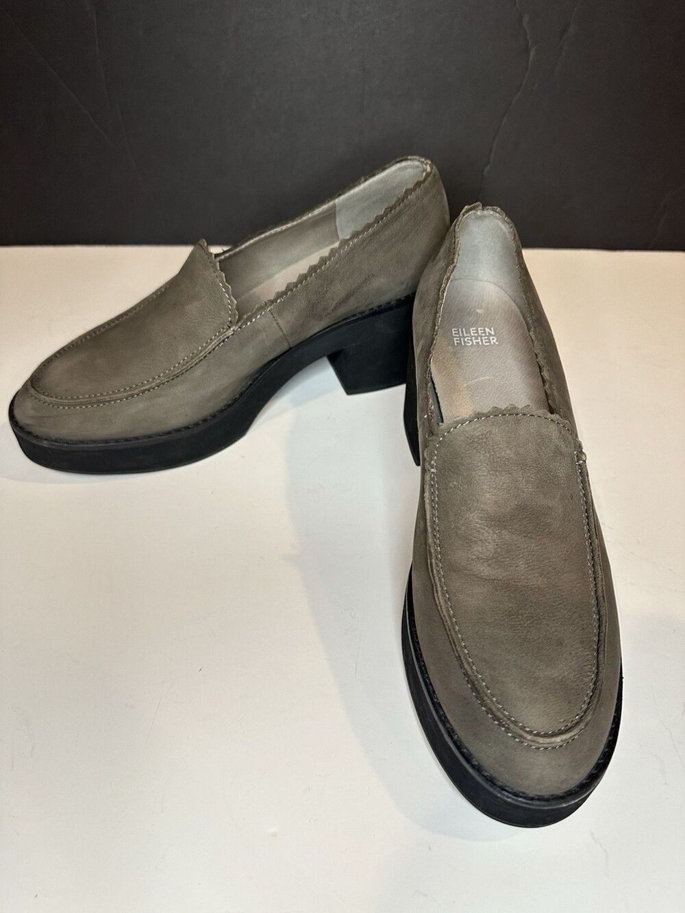 NWOT Eileen Fisher Harria loafers chunky platform gray black heel slip-on new 9